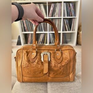 Vintage Force Ten Western Silver Buckle Tooled Leather Hand Bag